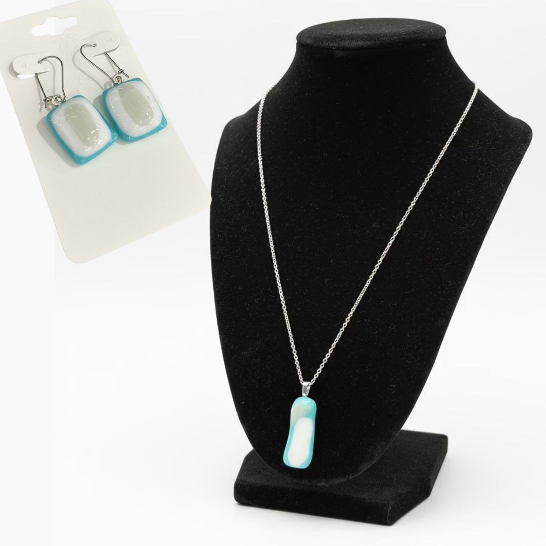 Light Blue & Grey Fused Glass Necklace + Earring Set